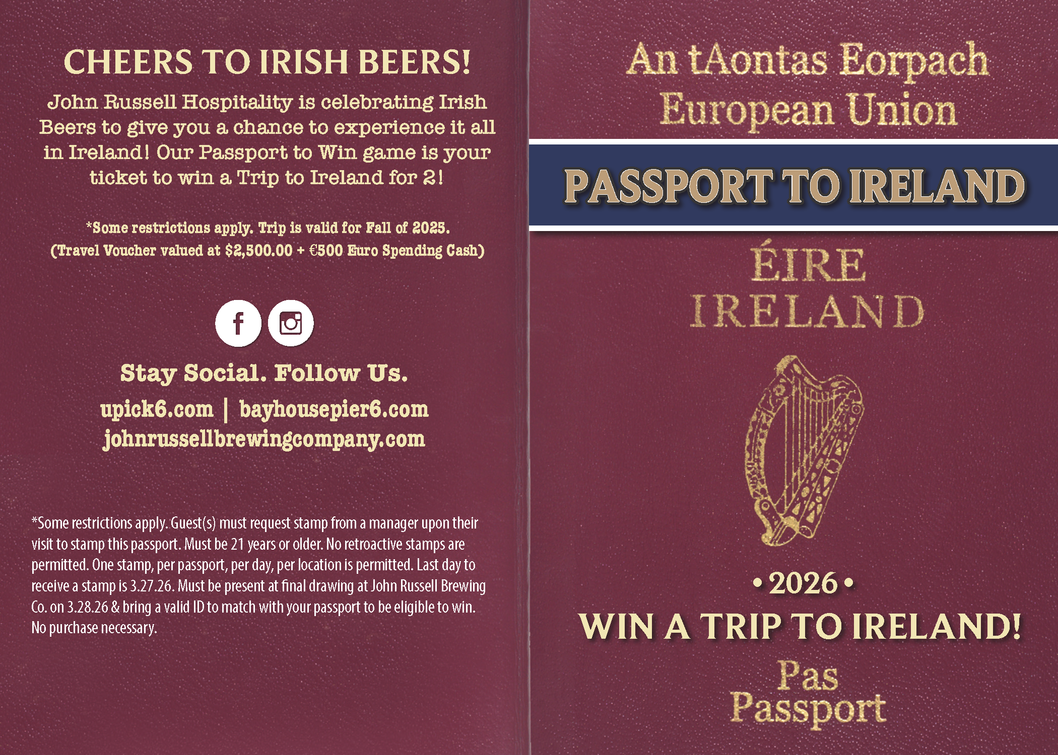 u pick 6 win a trip to ireland passport 2026 front